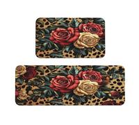 Leopard-Print With Roses And Leaves Kitchen Rugs Set Of 2 Non-Slip Floor Mat Runner Rug Doormat Area Carpet Laundry Room Kitchen Decor