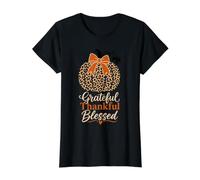 Leopard Pumpkin Grateful Thankful Blessed Fall Design Value Graphic T-Shirt, Women, Black, XS