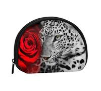 Leopard Red RoseSmall Makeup Sanitary Napkin Storage Bag,Women's Cosmetic Coin Purse