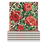 Leopard Rose Ceramic Coasters Square Drinks Coaster Decorative Coasters Set Kitchen Desktop Decor 6PCS