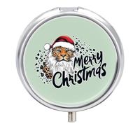 Leopard Santa Merry Christmas Round Pill Box Organiser 3 Compartment Medicine Case
