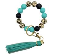 Leopard Silicone Beaded Wristlet Keychain, PU Tassel Bracelet Bangle Beads Car Keyring for Women,Wrist Key Chains, Turquoise, One Size