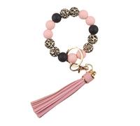Leopard Silicone Beaded Wristlet Keychain, PU Tassel Bracelet Bangle Beads Car Keyring for Women,Wrist Key Chains, Pink, One Size