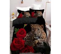 Leopard Single Duvet Cover Set, Roses Duvet Cover Sets with Zipper Closure, Soft Microfiber Bedding Set, with 2 Pillow Cases 50x75 cm, for Use with Teenage and Adults