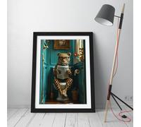Leopard sitting on a toilet reading Stunning Framed Wall Art Print Picture - A3 - Black Frame