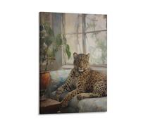 Leopard Sitting On Sofa Bohemian Interior Romanticism Style Poster Leopard Houseplants Vintage Style Tropical Maximalist Art Poster Canvas Poster Bedroom Decor Landscape Office Room Decor Gift 12x18in
