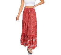 Leopard Skirt for Women Midi Length High Waist Silk Satin Elasticized Cheetah Skirts, Red, Small