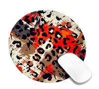 Leopard Small Mouse Pad, Modern Artistic Brush Strokes Spots None Red Round Rubber Non Slip Stitched Edge Cloth Mousepad Desk Decor for Office Home Dorm Laptop Round 8x8 Inch