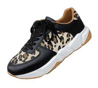 Leopard Sneakers for Women, Fall Fashion Comfortable Leopard Print Tennis Shoes Casual Round Toe Thick Sole Lace up Shoes (6.5,Black)