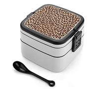 Leopard Spotted Print Bento Lunch Box Double Layer All-in-One Stackable Lunch Container Includes Spoon with Handle