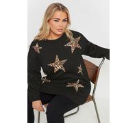 Yours Curve Sequin Leopard Star Print Sweatshirt - Women's - Plus Size Curve Black