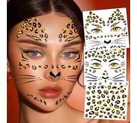 Leopard Temporary Tattoos, Halloween Face Tattoos Gold Glitter Cheetah Face Stickers, Cheetah Costume Women Girls Cheetah Face Tattoo Leopard Make up (3 Leopard Temporary Tattoos)
