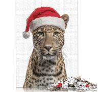 Leopard Wearing A Santa Hat Puzzles 500 Pieces for Teenagers Gifts Wooden Puzzle Adult Jigsaw Puzzle Puzzling for Gift 500pcs (52x38cm)