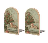 Leopard Wearing A Santa Hat Wooden Bookends Shelves 2 PCS Sturdy Book Holders Desktop Organizer for Home Office Libraries