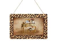 Leopard Welcome Sign for Front Door, Metal Tin Signs with Rope Hanging Rustic Plaque 12"x8" Farmhouse Home Porch Entryway Garden Yard Sign, Animal Skin Texture Vintage Dressing Table