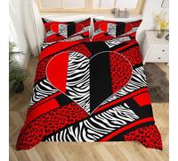 Leopard Zebra Kids Duvet Cover Set King Size, Romantic Heart Print Bedding Set for Boys Girls Adults Room Decor, Red Black White Comforter Cover, Wild Animal Skin Quilt Cover, 2 Pillowcases