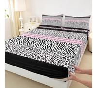 Leopard Zebra Print Fitted Sheet Double Size,Giraffe Cheetah Skin Stripe Patchwork Bedding Set 3pcs,Pink Black White Bed Cover with 2 Pillowcases,Kids Boys Girls Room Decor,Soft Bedding(No Flat)