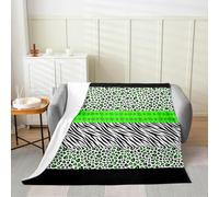 Leopard Zebra Print Flannel Blanket Giraffe Cheetah Skin Stripe Patchwork Throw Blanket Green Black White Cozy Throws for Bed Couch Sofa,Kids Boys Girls Room Decor,Soft and Breathable(90 x 90 Inches)