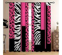 Leopard Zebra Thermal Insulated Drapes, W29.5" x L65.3" x 2 Panels, Black and Pink Animal Window Curtain for Home, Living Room Decor Panorama Pattern Privacy Light Blocking Curtains for Indoor Kitchen