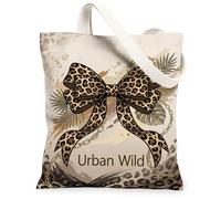 LeopardBow Canvas Tote Bag for Women, Urban Wild Chain PalmLeaf Fall Beige Washable Reusable Grocery Bags Ideas for Family Friends Colleagues Reading Loves 13x15 Inch