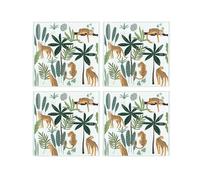Leopards Coaster Set - Square Glass Jungle Leaves Big Cats Print - Set of Four (4) Coasters