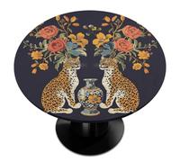 Leopards Flowers Ethnic Round Fitted Tablecloth with Elastic Edge, Round Tablecloth Waterproof Table Protector Cover for Kitchen Dinning Room Picnic Party, 36"-42" Round