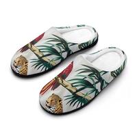 Leopards Palm Tree Parrot Bird Slippers Women Winter Warm Cotton Hotel Slippers Anti-Slip Indoor Slip-Ons House Shoes 7-8（39-40