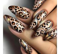 Leopards Print Almond False Long Glossy Artificial Full Covers Stick on for Women Fashion Designs