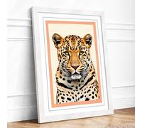 Leopard's Steady Gaze Modern Framed Wall Art Print A4 (29.7×21cm) White, Wall Decor for Living Room, Bedroom, Office & Home, Ready to Hang, Art Gift