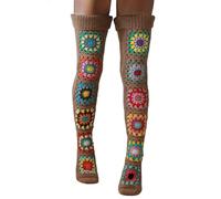 Leoparts Crochet Thigh High Socks Granny Square Over Knee High Retro Knitted Stocking Colorful Leg Warmers, 921 Coffee, One Size