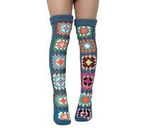 Leoparts Crochet Thigh High Socks Granny Square Over Knee High Retro Knitted Stocking Colorful Leg Warmers, 921 Navy Blue, One Size
