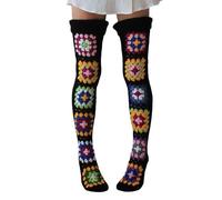 Leoparts Crochet Thigh High Socks Granny Square Over Knee High Retro Knitted Stocking Colorful Leg Warmers, 921 Black, One Size