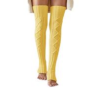 Leoparts Women's Extra Long Stirrup Leg Warmers Winter Knitted Over Knee Thigh High Footless Socks, Pastel Yellow, One Size
