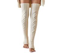 Leoparts Women's Extra Long Stirrup Leg Warmers Winter Knitted Over Knee Thigh High Footless Socks, White, One Size