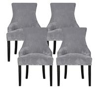 Leorate 4 Pcs Velvet Dining Chair Covers, Stretch Wingback Chair Slipcovers for Armchairs with Curved Back, Removable & Washable Chair Covers for Dining Room Kitchen, Light Gray