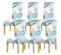 Leorate 6 Pcs Blue Tropical Palm Leaf Dining Chair Covers Stretch High Back Removable Slipcovers for Dining Chairs, Large Chair Covers Set of 6, Washable Elastic Seat Protector for Home (Blue White)