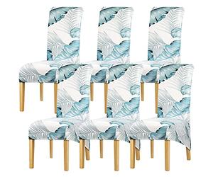 Leorate 6 Pcs Blue Tropical Palm Leaf Dining Chair Covers Stretch High Back Removable Slipcovers for Dining Chairs, Large Chair Covers Set of 6, Washable Elastic Seat Protector for Home (Blue White)