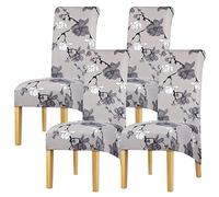 Leorate Floral High Back Dining Chair Covers Set of 4 - Stretch Elastic Slipcovers with Magnolia Print, Light Gray, Washable Removable Furniture Protector for Kitchen, Banquet & Home Decor