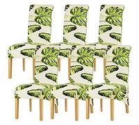 Leorate Tropical Print Dining Chair Covers Set of 6 - Stretch High Back Slipcovers with Monstera & Palm Leaf Pattern, Ivory/Cream Washable Removable Furniture Protector for Kitchen, Banquet & Home