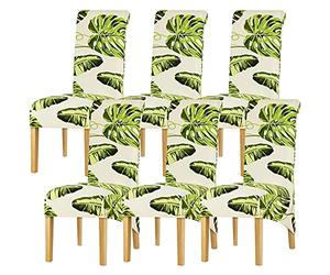 Leorate Tropical Print Dining Chair Covers Set of 6 - Stretch High Back Slipcovers with Monstera & Palm Leaf Pattern, Ivory/Cream Washable Removable Furniture Protector for Kitchen, Banquet & Home
