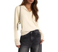 LEO'S VASE Women's Half-Button Knit Pullover, Long Sleeve with Lace-Style Cuffs, Collared Neck, Casual Style, White, Apricot, M