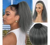 LEOSA Salt and Pepper Drawstring Ponytail for Black Women, Grey Ponytail Extension Short Kinky Straight Ponytail Drawstring Yaki Clip On Ponytail for Women