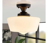 LEOSHI Light Fixture Modern Ceiling Light,Schoolhouse Semi Flush Mount Ceiling Light,Opal Milk Glass,Vintage Light for Farmhouse Bedroom,Bathroom,Hallway (Black - Opaque) Made in China
