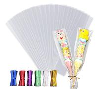 LEOSINDA 300 Pcs Cellophane Treat Bags,3 x 11 inch Long Flat Clear Plastic Cellophane Bags with 6 Mix Colors Twist Ties for Bakery Cookies,Skewers of candy,Pretzel Sticks