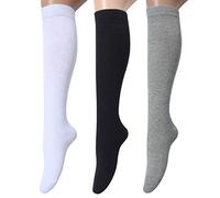 leotruny 3 Pairs Women's Cotton Opaque Knee High Socks, C06-3 Pairs White Black Gray, 7-13