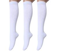 leotruny 3 Pairs Women's Cotton Opaque Knee High Socks, White, 7-13