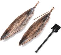 LEOUEANR 2Pcs Bronze Incense Stick Holders, with Metal Leaves Design Incense Burner Ash Catcher with Mini Broom for Home Office Yoga Meditation