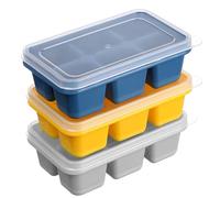 LEOUEANR 3pcs Ice Cube Trays with Lid, PP Large Square Soft Base Easy-Release Stackable Moulds for Home Freezer Use (Blue Grey Yellow)