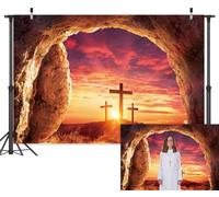 Leowefowa 10x6.5ft Vinyl He is Risen Backdrop Easter Jesus Cross Cave Mountaintop Sunset God Bless Crucifixion Background Resurrection of Jesus Backdrop Christmas Church Santury Decor Studio Props