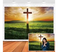 Leowefowa Christian Cross Backdrop 10x8ft Vinyl Holy Heaven Light Cloudy Sky Outdoor Nature Green Grassland Crucifix Backdrop Lord Pray Decoration Easter Religious Christian Church Event Photo Props